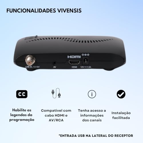 Receptor Digital Vivensis TV, Full HD Smart via Satélite VX10, Preto Bivolt