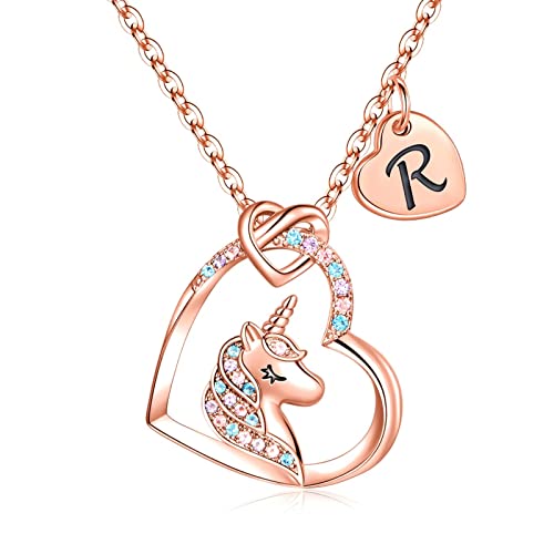 Hidepoo Unicorns Gifts for Girls Necklace, Rose Gold Plated Heart R Initial Necklace Letter Unicorn Necklaces for Girls Birthday 6 Year Old Girl Gifts Heart Pendant Unicorn Necklace Gifts for Girls