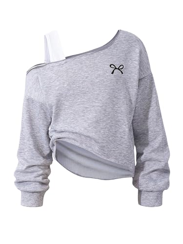 SweatyRocks Sweatshirt Mädchen 122-152 Pullover Teenager Off Shoulder Oberteil Strickpullover Mit Schleife Herbst Outfit Cutecore Langarmshirt Grau 11 Jahre