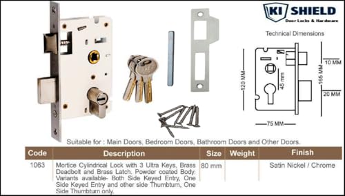 Image of 8 inch Zinc Mortise Lock Set | Main Door Handle Set with Brass Lock Body | Satin Matt Finish | 6- Lever 65mm Brass Cylindrical Door Lock Set for Home, Hotel,Living Room (1016 SS)