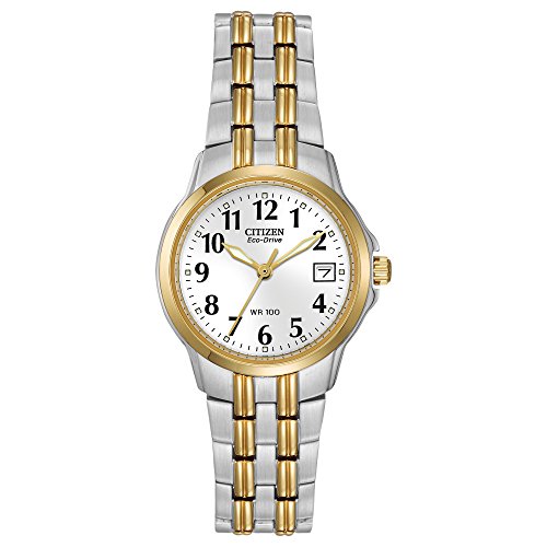 Citizen Women’s Eco-Drive Dress Classic Two Tone Gold Stainless Steel Watch, Easy to Read, White Dial, 26mm (Model: EW1544-53A)