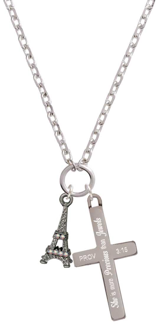 Delight JewelryCrystal Eiffel Tower - She is More Precious Engraved Cross Zoey Necklace, 28"