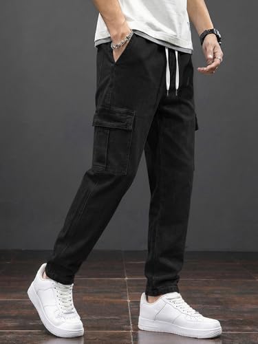 Image of JMIERR Men's Elastic Waist Cargo Jeans Stretch Denim Pants with Drawstring Relaxed Fit for Casual Daily Wear