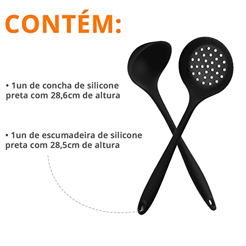Kit Concha E Escumadeira Silicone Cores Utensílios Cozinha (Preto)