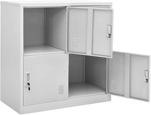 Vista 13 de Armario de acero para oficina, armario organizador de escuela en casa, armario de almacenamiento de metal con 4 puertas y llaves, borde fino, Gris