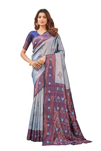 Image of Women's Banarasi Silk Saree with Rich Pallu, Jacquard Zari Weaving Work & Unstitched Blouse Piece, Traditional Ethnic for Wedding, Party & Festive Occasion