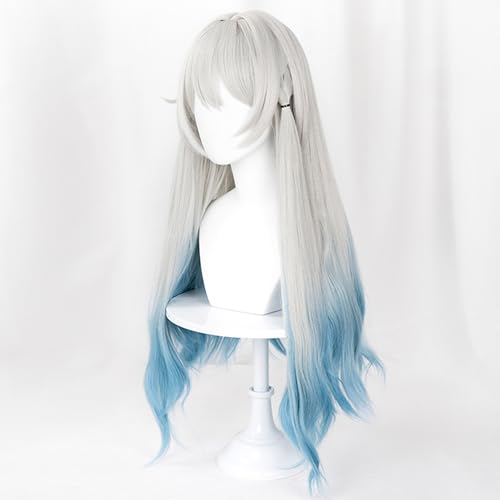 Image of Anime Gray Blue Wigs Women Long Wave Wig with Bangs Heat-Resistant Fiber Wig COS Game Wigs Halloween,Christmas,Comic con,Game Show,Party