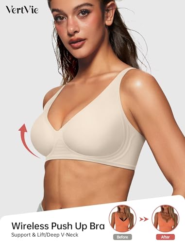 Image of Vertvie Jelly Wireless Bras for Women Push Up Plunge Seamless T-Shirt Bras No Underwire Supportive Full Coverage Bralettes