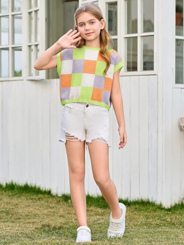 Image of Haloumoning Girls Summer Crop Tops Color Block Vest Cute Tanks Cap Sleeve Tee Loose Kids Knit Top 5-14 Years