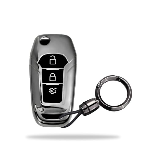 Image of SIAGO TPU Key Cover and Round Key Chain Compatible with Endeavour, Figo Aspire, Freestyle 2017, 2018, 2019 3 Button Flip Key (Grey)