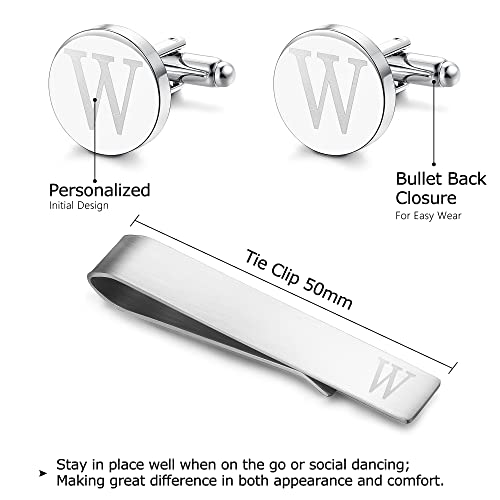 Image of LOYALLOOK Initial Cufflinks and Tie Clip Set for Men Silver Personalized Cuff links and Tie Bar Letter Alphabet A-Z Gift for Father Husband Valentine Gifts for Men