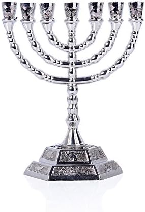 12 Tribes of Israel Menorah, 7 Branch Hexagonal Base Jewish Candle Holder, Holy Land Gift (Medium, Silver)