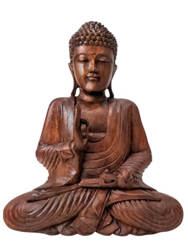 Artisanal Statue de Bouddha Assis en Bois Massif sculpté Main 30cm