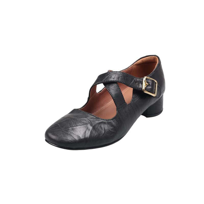 Women's Ballet Flats Chunky Heels Round Toe Cross Strap Mid Block Heel Pumps with Buckle Comfortable Shoes