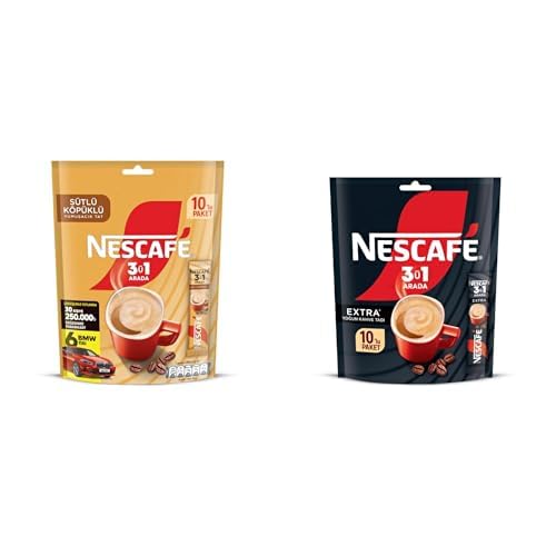 Nescafé 3'ü 1 Arada Sütlü Köpüklü Çözünebilir Kahve Karışımı 10'lu, 17,4 g ve Nescafé 3'ü 1 Arada Extra Çözünebilir Kahve Karışımı 10'lu Paket (10 x 16,5 g)