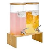 1.5 Gallon Drink Dispenser for Parties - Double Beverage Dispenser with Stand, Stainless Steel Spigot, 8 Waterproof Labels, Bamboo Lid -Borosilicate Galss Water Dispenser for Lemonade, Juice