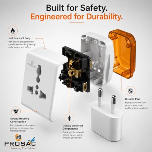 Image of PROSAC 6A Universal Multi Plug Adapter | 3-Pin Socket | Supports 2-Pin & 3-Pin Plugs | Travel Adapter for Mobile Chargers, Laptops & Electronics | Pack of 5