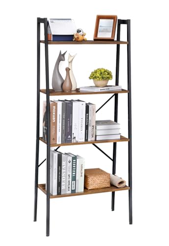 H JINHUI Étagère échelle, bibliothèque à 4 niveaux, bibliothèques de salon, support pour plantes, étagères de rangement vintage de style industriel pour salon,bureau à domicile,marron rustique et noir