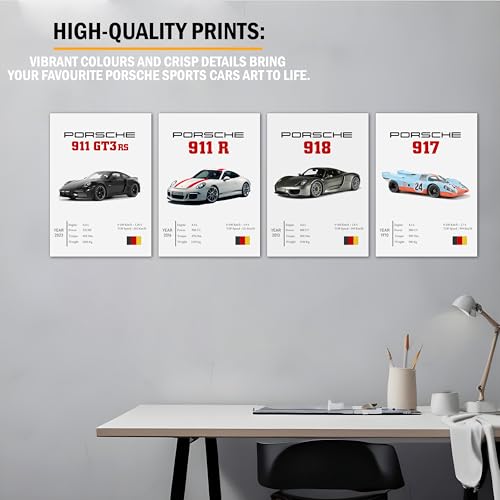 Image of Wall Porsche Pack of 8 Posters 8x12 inch (A4 Size) Included Self Adhesive on Back Wall Decor Posters Wall Art For Bedroom, Living room, Office, Dining Room
