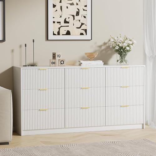 Image of Furniway 9 Drawer White Dresser for Bedroom, 63 inch Modern Fluted Dresser with Gold Handles and Smooth Slides, Wide Chest of Drawers for Closet, Living Room, Hallway