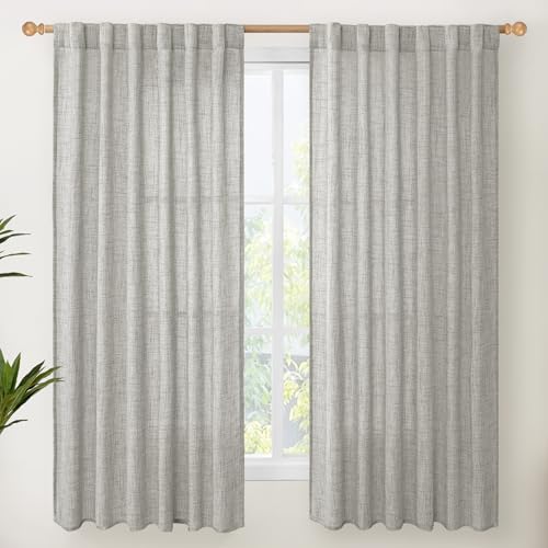 Dark Grey Linen Semi Sheer Curtains 52X63 Inch Length for Living Room
