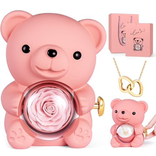 goldmiky Oso con Rosa Eterna y Collar, Flor Eterna con Osito,Osito con Colgante Dentro, Oso Amor Eterno, Regalo para Ella Oso- Regalos para Mujer día de San Valentín, Cumpleaños