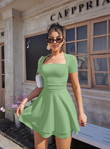 Image of XXTAXN Women's Sexy Square Neck Short Sleeve Ruched Tiered Ruffle Hem Flowy Club Party Mini Dress