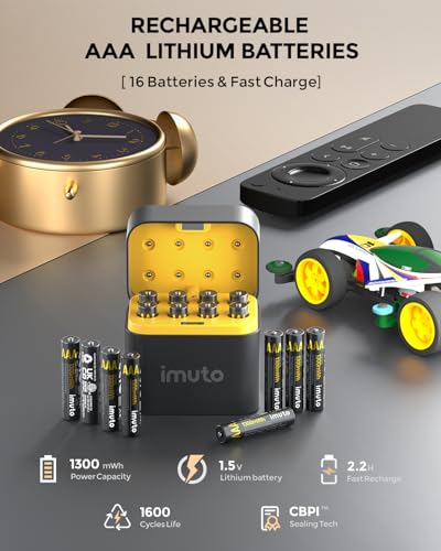 imuto Wiederaufladbare AAA Batterien 16er Pack Lithium Akkus mit Ladegerät, 1300mWh 1.5V Konstante Spaltung, Langlebig und Schnellladefähig 4