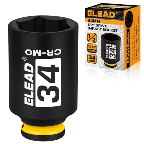 ELEAD 34 mm Socket 1/2 Drive Deep Impact Socket Metric 6 Point 1/2-inch Drive Impact Axle Nut Sockets CR-MO Nut Socket Set Tools for Easy Removal of Axle Shaft Nuts