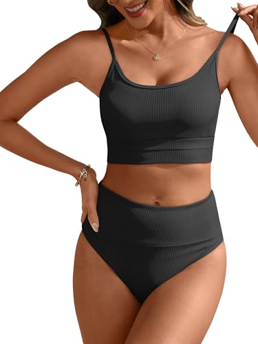 ANRABESS Women High Waisted Bikini Sets Color Block Summer Beach Vacation 2 Piece Bathing Suit Tummy Control Ribbed Swimsuit Black Medium