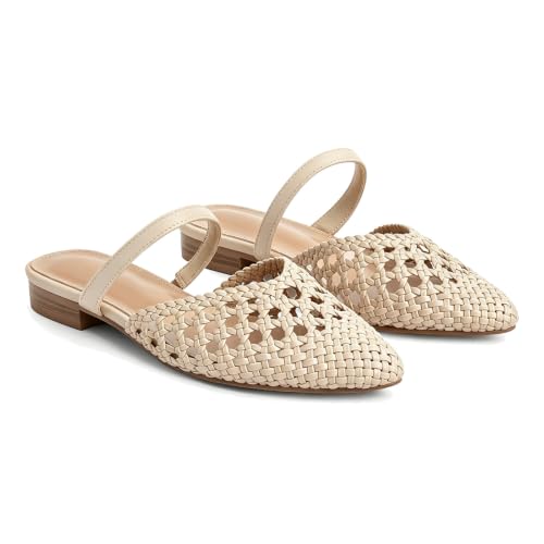Image of Mesh Mules for Women Comfy Raffia Woven Strap Closed Pointed Toe Mule Flats Casual Slip on Dress Slides Flats