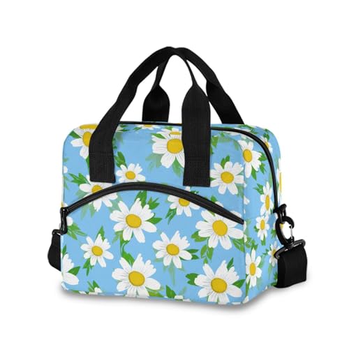 Sinestour Insulated Lunch Bag Reusable Cooler Leaves White Floral Lunch Box Adjustable Shoulder Strap for School Men Women