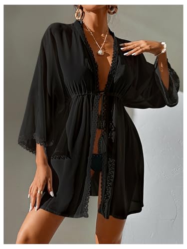 SHENHE Women's Beach Kimono Swimsuit Cover Up Tassel Tie Front Lace Trim Flowy Beach Coverups2