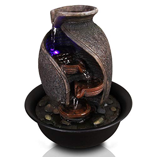 SereneLife 4-Tier Desktop Electric Water Fountain Decor w/ LED - Indoor Outdoor Portable Tabletop Decorative Zen Meditation Waterfall Kit Includes Submersible Pump & 12V Power Adapter