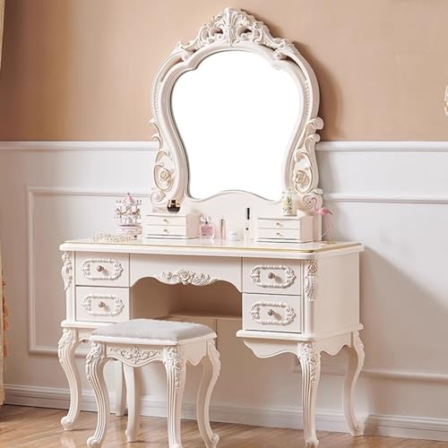 LVYWEX Dressing Table,Vanity Desk with Drawers and Cushioned Stool,Makeup Vanity