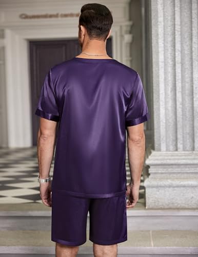 Image of Ekouaer Mens Pajamas Set Silk Satin Pjs Sets Summer Short Sleeve Button Down Sleepwear 2 Piece Loungewear with Pockets