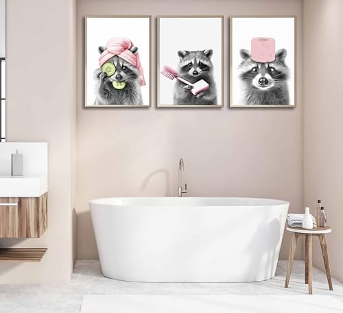 3Pcs Funny Raccoon Bathroom Canvas Wall Art Pink Cute Black and White Raccoon Bathroom Animal Painting Pictures Wall Decor Poster Print Artwork For Bathroom Restroom Home Decoration Unframed by LAJDXSX - Image 4