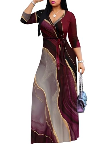 Image of Plus Size Dresses for Women Print Maxi Dresses 3 /4 Sleeve with Belt