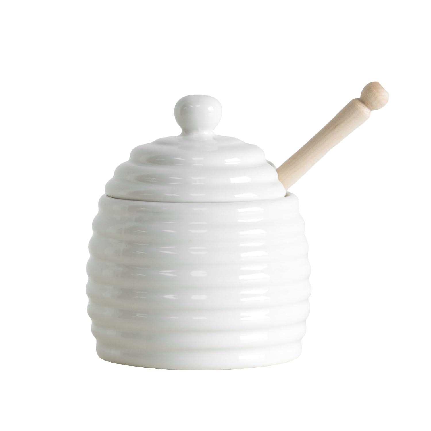 Darthome White Beehive Ceramic Honey Storage Pot With Wooden Dipper Jar Container Drizzler (White)
