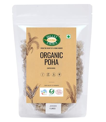 Image of Millet Amma Organic Jowar Poha 1kg | 2 Packs x 500g | Sorghum Millet Flakes | Jowar Flakes for Breakfast | Gluten Free | High Fiber | No Preservatives