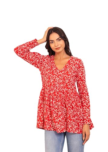 Image of LABEL ADRIJA Cotton V Neck Anarkali Short Kurti for Women Full Sleeve Floral Print | Short Kurtis for Women on Jeans