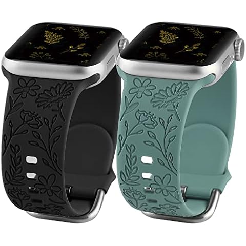2 Pack Flower Engraved Sport Strap Compatible with Apple Watch Bands 38mm 40mm 41mm, Women Floral Laser Soft Silicone Wristband Replacement iWatch Series 8 7 6 5 4 3 2 1 SE (Black Green, 38/40/41mm) Cover