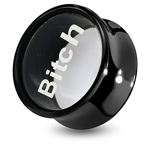 1 Pair of 16mm Bitch Word Transparent Logo Black UV Double Flared Tunnel Gauge Ear Plug