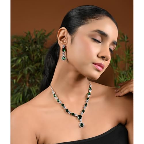 Image of I Jewels Silver Plated Cubic Zirconia American Diamond Valentines Special Necklace & Drop Earrings Jewellery Set for Women