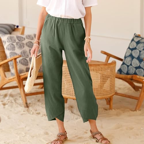 Women's Summer High Waisted Baggy Pants Wide Leg Linen Pants Casual Ankle Length Trouser Slacks Hem Cropped with Pockets 20254