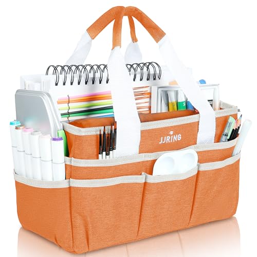 Image of JJRING Craft Organizer Tote Bag, Art Storage Caddy with Multiple Pockets, Orange Sewing Bag for Art, Craft, Scrapbooking, School, Medical, and Office Supplies Storage