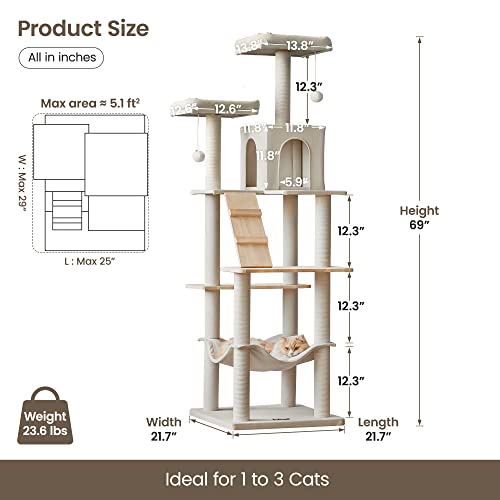 Árbol moderno grande para gatos, 70.1 pulg, multi nivel beige miniatura 6