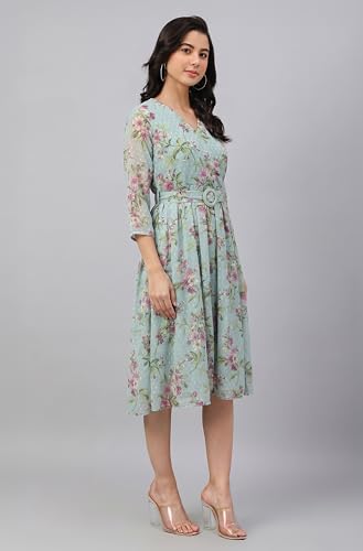 Image of Janasya Women's Dobby Georgette Floral Printed Fit & Flare Dress
