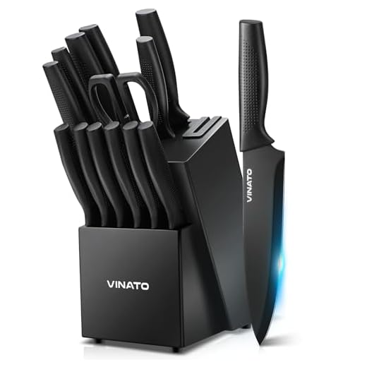 VINATO Set Coltelli da Cucina, Coltello da Cucina 14 Pezzi con Affilatore, Coltelli Professionali da Cucina da Chef, Set Coltelli da Cucina in Acciaio Inox con Manico in Plastica e Ceppo in Legno
