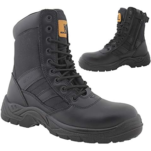 Mens Leather Combat Ankle Boots Steel Toe Cap Military Combat Safety Trainers Police Work Shoes (10 UK) Black Cover